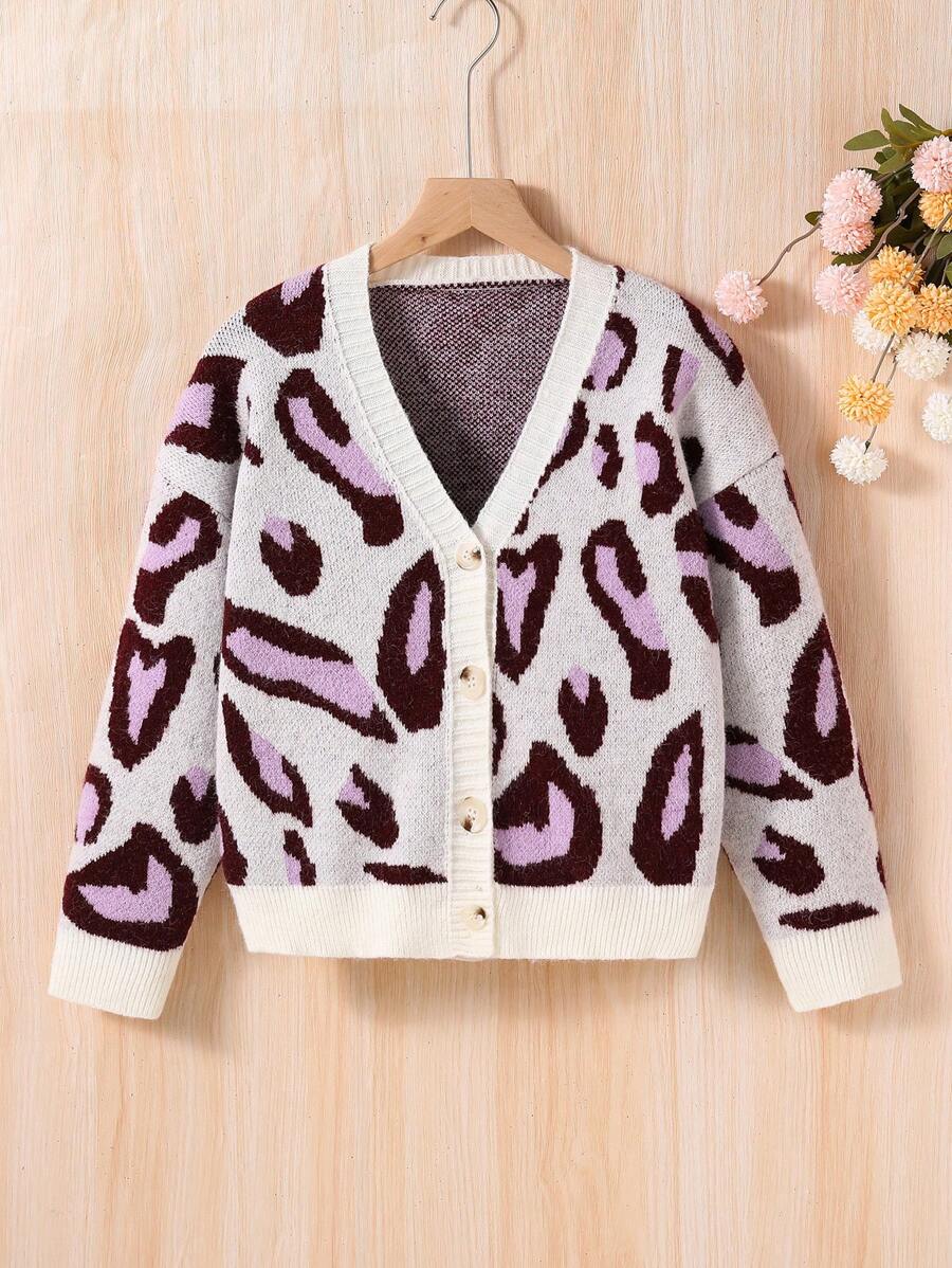 SHEIN Tween Girl Leopard Pattern Drop Shoulder Cardigan - Mauve Purple - View 1