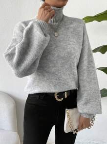 Chiquease Áo len cổ lọ tay rớt vai dệt kim mùa thu đông - Xám - Xem 4
