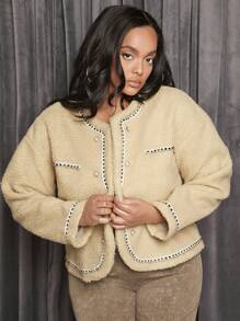 SHEIN SXY 大碼拼接邊落肩袖毛絨夾克