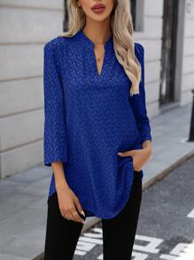 EMERY ROSE Allover Print Notched Neckline Roll Tab Sleeve Blouse Fall Cloth For Women - Blue - View 5