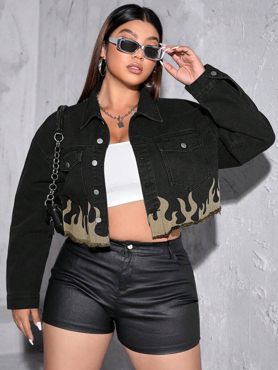 SHEIN ICON Plus Fire Print Raw Hem Crop Denim Jacket - Black - View 1