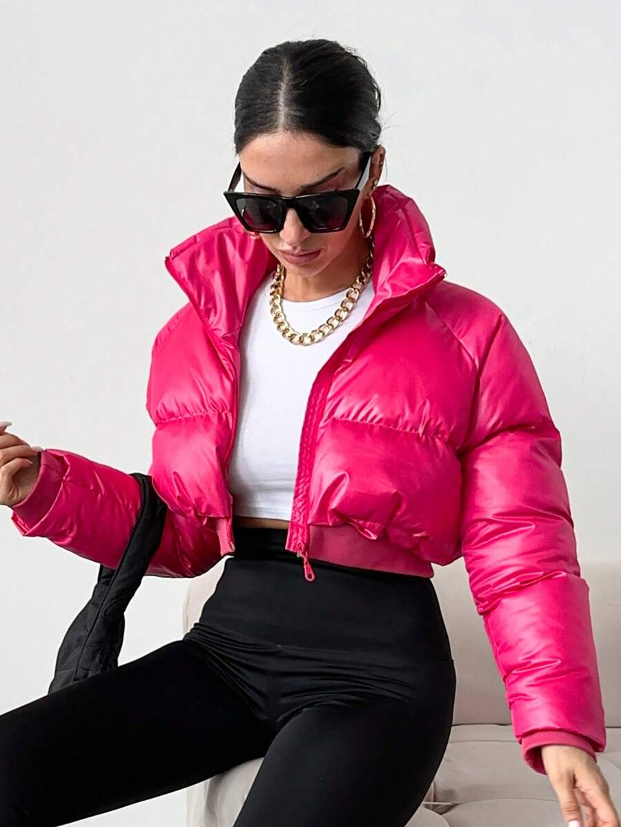 EURMUSE Raglan Sleeve Zip Up Crop Puffer Coat - Pink - View 1