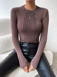 SHEIN Unity Áo len dệt kim gân trơn dáng ngắn, thích hợp cho mùa thu đông. - màu nâu - Xem 3