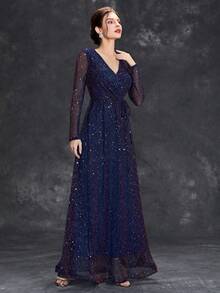 优雅长袖亮片和网眼装饰连衣裙 - 紫羅蘭色 - 查看 5