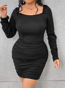 SHEIN Unity 大碼十字交叉後背繫帶褶邊緊身洋裝 - 黑色 - 查看 6