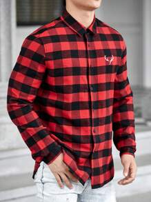 Manfinity RebelGame 寬鬆版型男式鹿角圖形水牛格子印花襯衫 - 紅色 - 查看 6