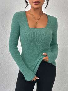 SHEIN Essnce Square Neck Ribbed Knit Tee - Green - View 5