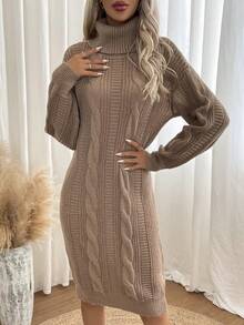 SHEIN Frenchy Turtleneck Cable Knit Drop Shoulder Sweater Dress Without Belt - Khaki - View 3