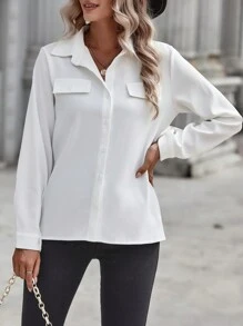 SHEIN Frenchy Solid Flap Detail Button Front Shirt - White - View 1