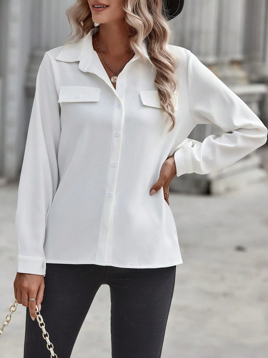 SHEIN Frenchy Solid Flap Detail Button Front Shirt - White - View 1
