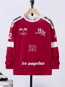 SHEIN 男孩休閒鬆身針織圓領長袖t恤,印花圖案設計 - 酒紅色 - 查看 1