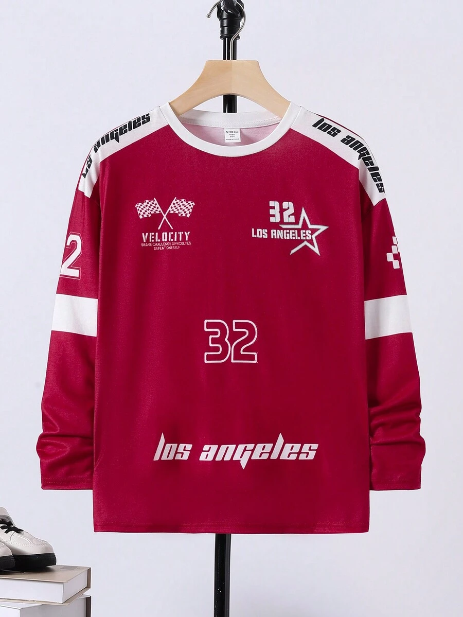 SHEIN 男孩休閒鬆身針織圓領長袖t恤,印花圖案設計 - 酒紅色 - 查看 1