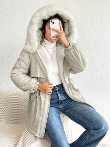 SHEIN Essnce Eo dây rút Trang trí Fuzzy áo có mũ Áo khoác Parka - Màu Khaki - Xem 5