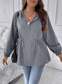 SHEIN LUNE Hơn Eo dây rút Dây kéo Áo trùm đầu - Xám - Xem 1