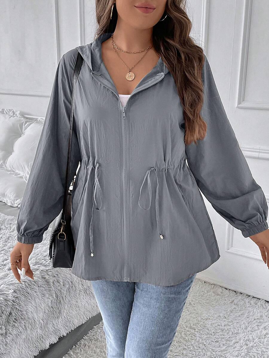 SHEIN LUNE Hơn Eo dây rút Dây kéo Áo trùm đầu - Xám - Xem 1