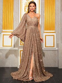 YISIKADO One Shoulder Split Thigh Sequin Prom Dress Elegant Long Sleeve Formal Evening Wedding Guest Gown, For Graduation, Dinner - Camel - View 1