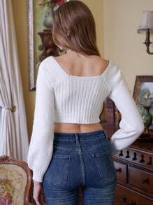 SHEIN Unity Solid Drawstring Front Raglan Sleeve Crop Knit Pullover Fall Winter Sweater - White - View 2