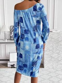 SHEIN Unity Đầm Maxi In Hình Chắp Vá Không Đối Xứng Có Túi Giấu Vai Trang Phục Nữ - Màu xanh lam - Xem 3