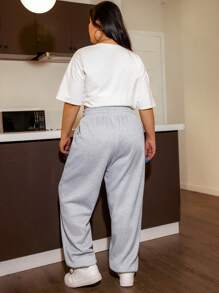 SHEIN EZwear Hơn Chất rắn Eo dây rút Quần thể thao - Xám - Xem 2