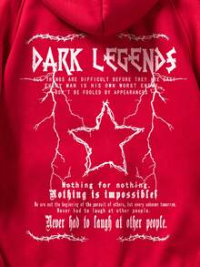 ROMWE MEN Goth Guys Star & Slogan Graphic Raglan Sleeve Drawstring Thermal Lined Hoodie - Red - View 4