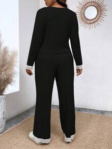 Calvaya Plus Contrast Lace Asymmetrical Hem Tee & Pants - Black - View 2