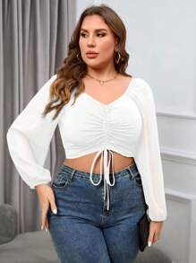 SHEIN Privé Plus Off Shoulder Drawstring Front Lantern Sleeve Crop Top - White - View 3
