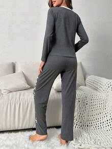 Colorblock Tee & Letter Graphic Bow Waist Pants PJ Set - Dark Grey - View 2