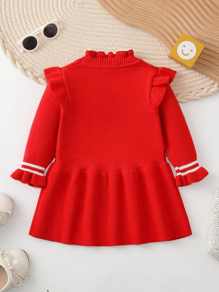 Baby Girl Stripe Pattern Ruffle Trim Flounce Sleeve Sweater Dress