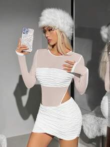 SHEIN ICON Contrast Mesh Bodysuit & Cross Wrap Bodycon Skirt - White - View 1