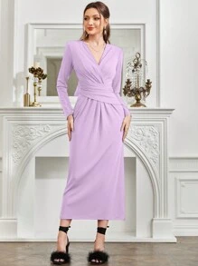 Modelyn Surplice cổ Eo Ruched Đầm - Màu tím hoa cà - Xem 4