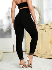 高腰紐扣門襟緊身牛仔褲 - 黑色 - 查看 2