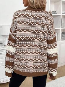 SHEIN Frenchy Jersey con patrón geométrico de cuello alto de hombros caídos - Café integral - Ver 2