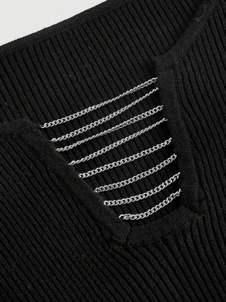 Chain Detail Ribbed Knit Sweater