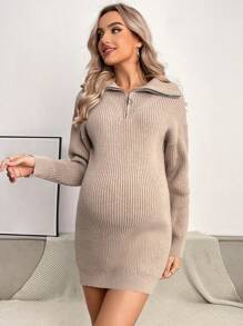 SHEIN Maternity Quarter Zip Drop Shoulder Sweater Dress - Khaki - View 1
