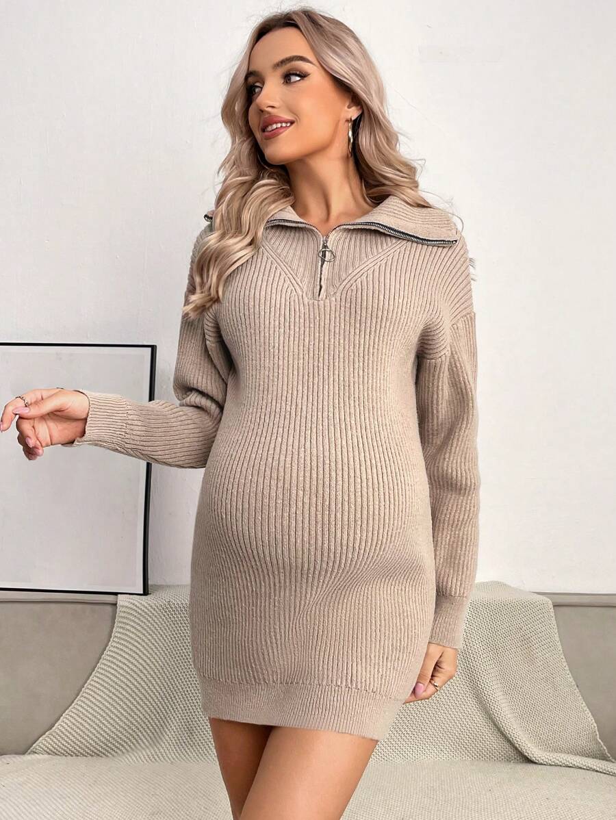 SHEIN Maternity Quarter Zip Drop Shoulder Sweater Dress - Khaki - View 1