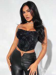 SHEIN SXY Dây kéo phía sau Viền khăn tay Cami ngọn - màu đen - Xem 1