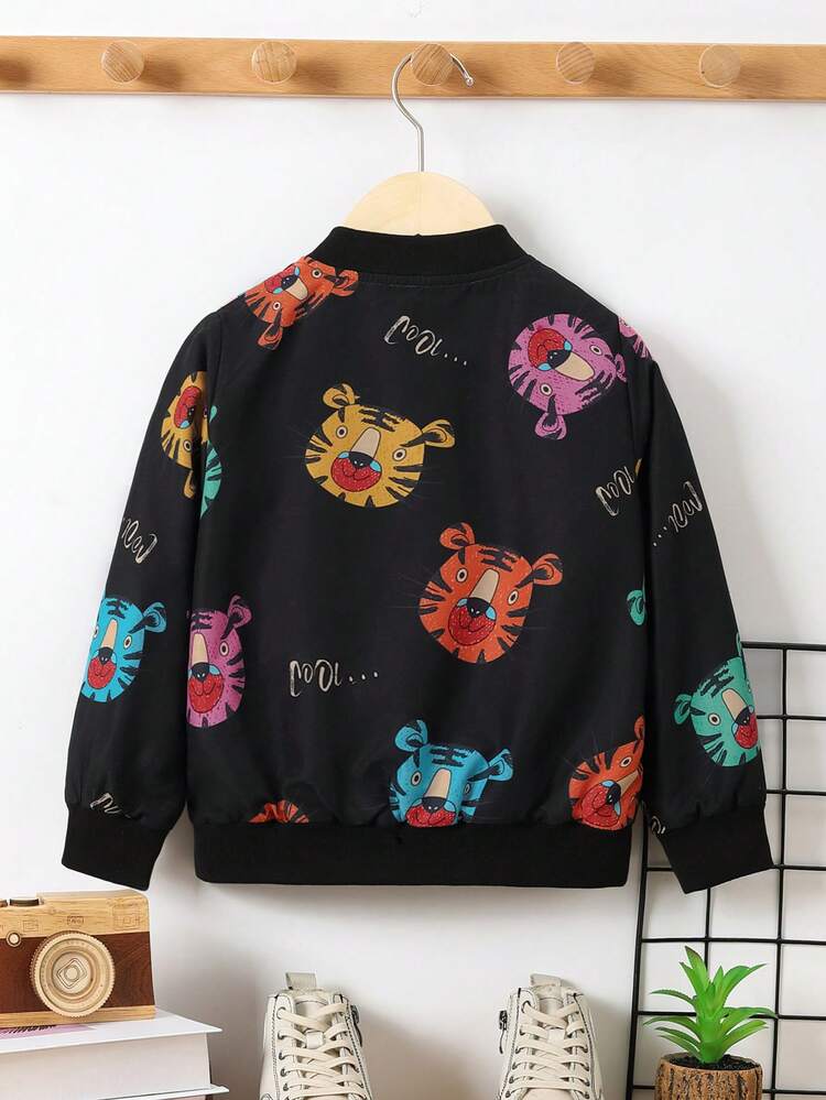 Young Boy Cute Street Style Colorful Animal Print Loose Fit Warm Thermal Lined Bomber Jacket Suitable For Autumn And Winter