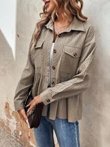 SHEIN LUNE Flap Pocket Drop Shoulder Peplum Jacket Fall Cloth For Women - Khaki - View 5