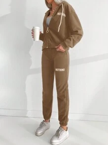 EURMUSE Letter Graphic Drop Shoulder Drawstring Hoodie & Sweatpants