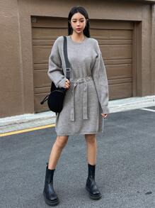 Dazy Star Drop Shoulder Belted Sweater Dress,Fall Women Clothes - Grey - View 5