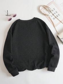 SHEIN EZwear 大碼箭頭&字母圖案加絨內裏運動衫 - 深灰色 - 查看 2