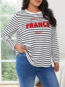 SHEIN Frenchy 大碼條紋印花字母刺繡T恤 - 彩色 - 查看 5