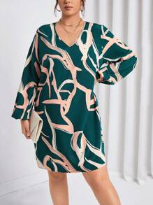 SHEIN Frenchy Plus Graphic Print Lantern Sleeve Dress - Dark Green - View 5