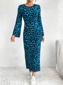 SHEIN Essnce Hoa văn Báo tay áo lá sen Đầm Áo len - Màu xanh lam - Xem 4