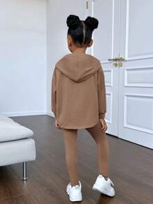 SHEIN Young Girl Letter Embossed Drop Shoulder Hoodie & Leggings - Coffee Brown - View 2