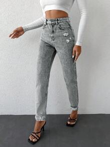 EURMUSE Ladies' Zipper Fly Front Denim Jeans - Light Grey - View 4