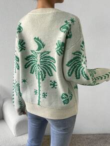 SHEIN Unity Palm Tree Pattern Drop Shoulder Sweater - Apricot - View 2