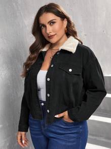 EMERY ROSE Plus Size Women's Denim Jacket With Fur Collar - Black - View 4