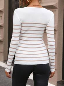 SHEIN Clasi Striped Pattern Button Front Ribbed Knit Sweater - White - View 2