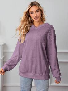 SHEIN LUNE 素色落肩袖連帽衛衣 - 紫色 - 查看 4